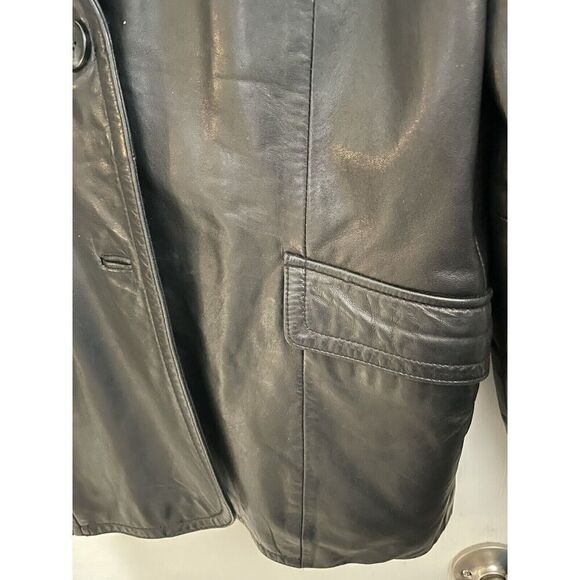 JLC New York Womens Large Leather Coat Jacket Black Two Button Front Pockets - Picture 2 of 4
